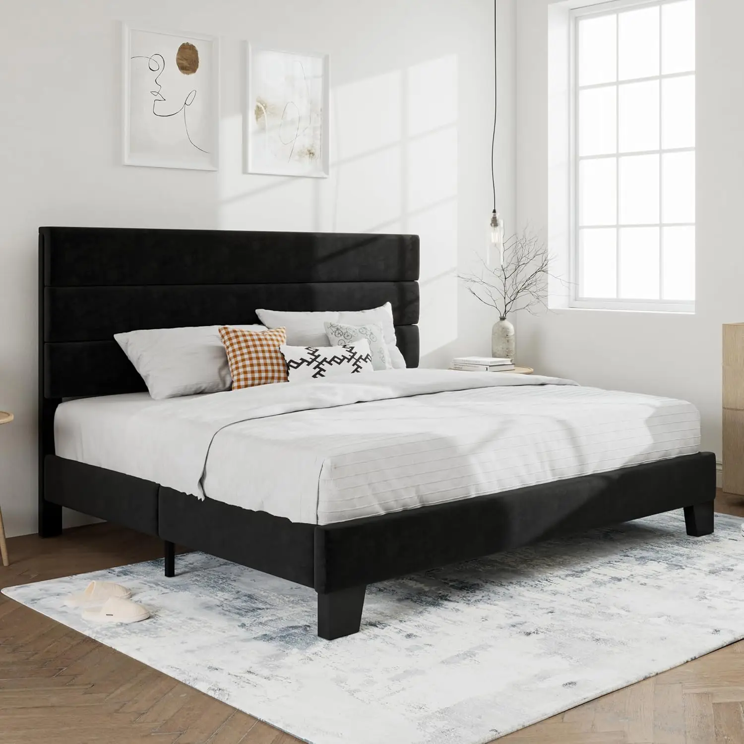 King Platform Bed Frame with Velvet Headboard, Strong Wooden Slats Support, No Box Spring Needed, Black