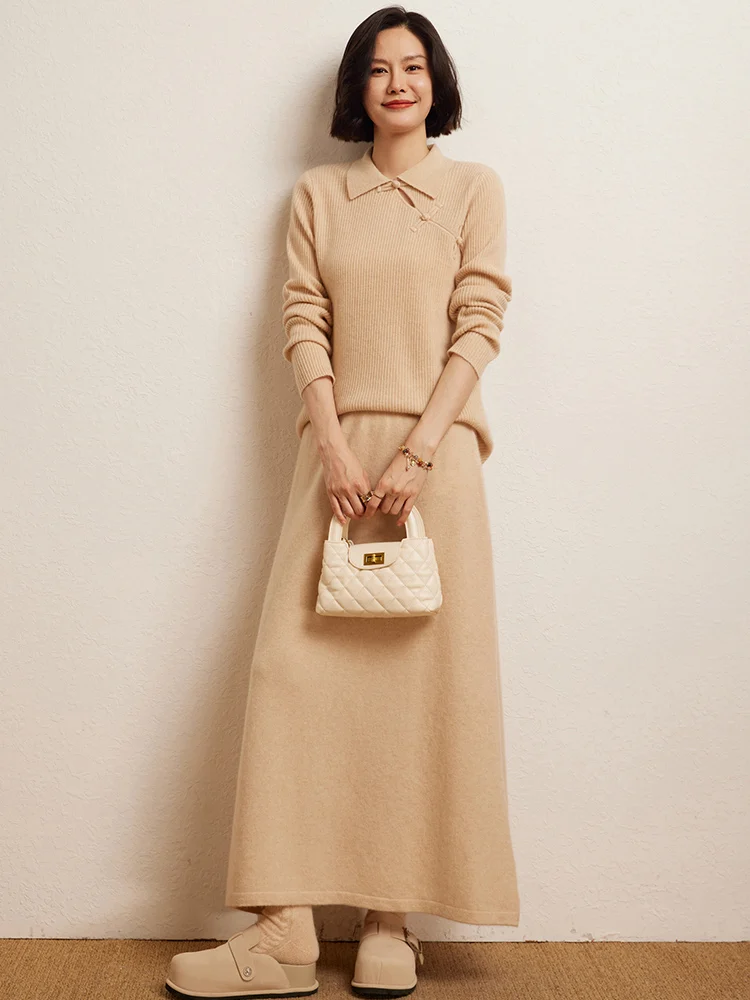 Jupe trapèze en cachemire pour femmes, basique, classique, taille haute, ample, décontractée, robe tricotée en cachemire, automne hiver, 100%