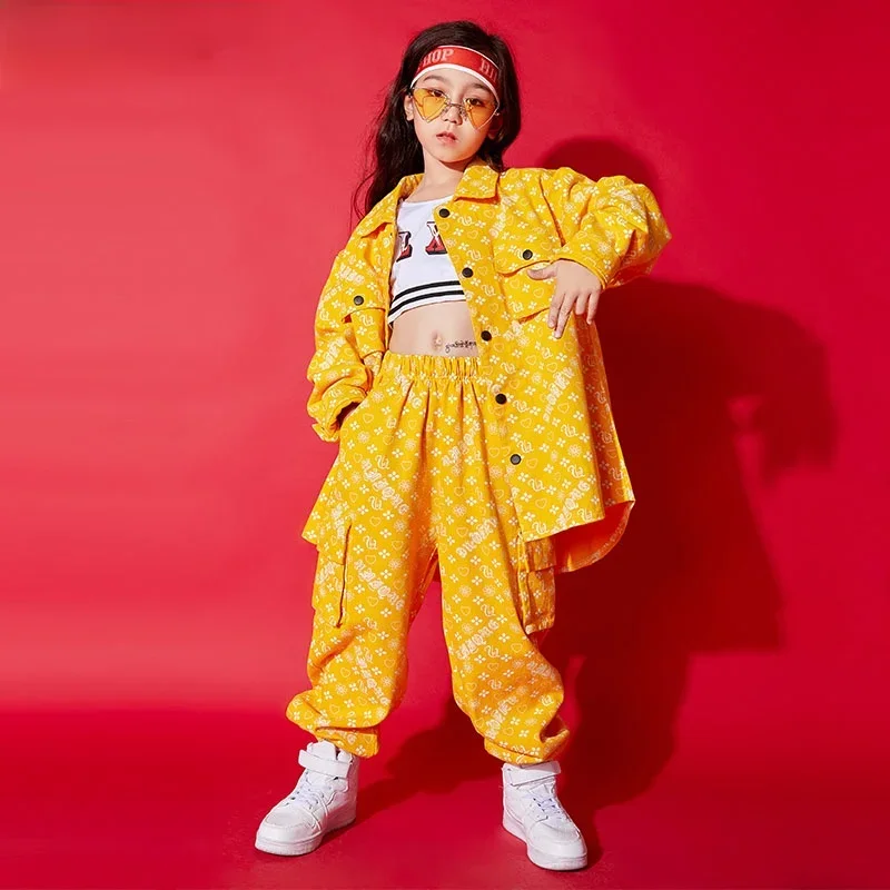 Girls Street Dance Dot Jacket Cargo Pants Boys Yellow Hip Hop Joggers Clothes Set Kids Jazz Print Shirt Child Costume Streetwear