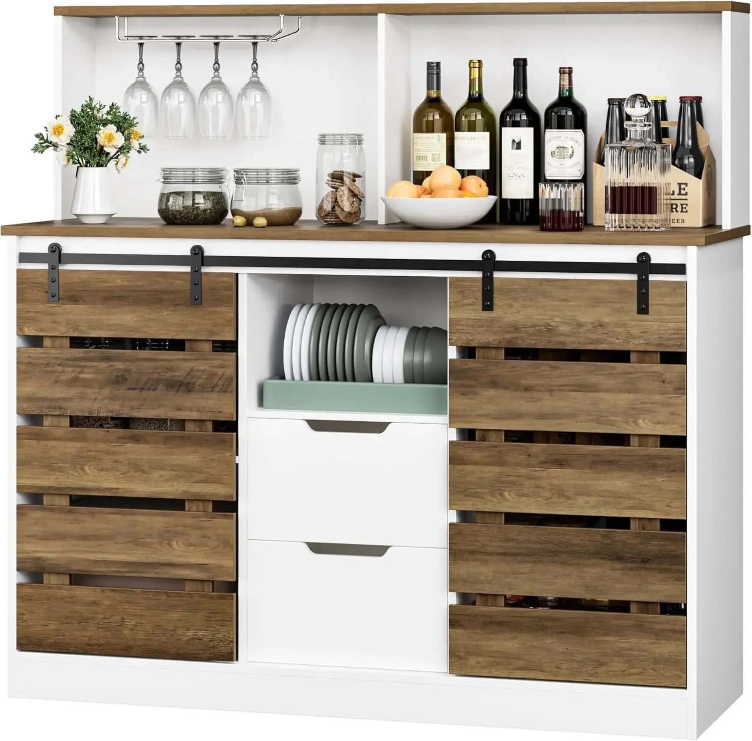 HOSTACK-Farmhouse Aparador Buffet Cabinet with Storage, Armário de Cozinha, Portas de Celeiro, Wine Bar Cabinet, 47"