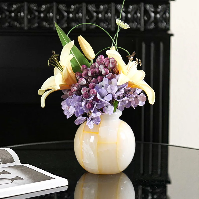 Modern light luxury dopamine lattice jade flower ware, high-end big belly flower ware, living room decorative art ornament