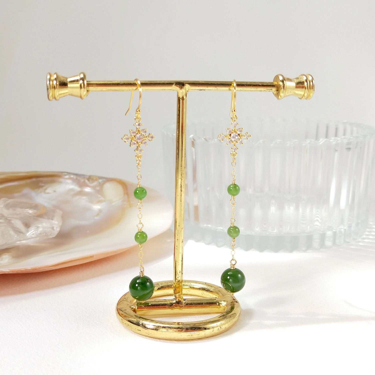 Lii Ji Natural Hetian Jade American 14K Gold Filled Dangle Earrings Handmade Jewelry