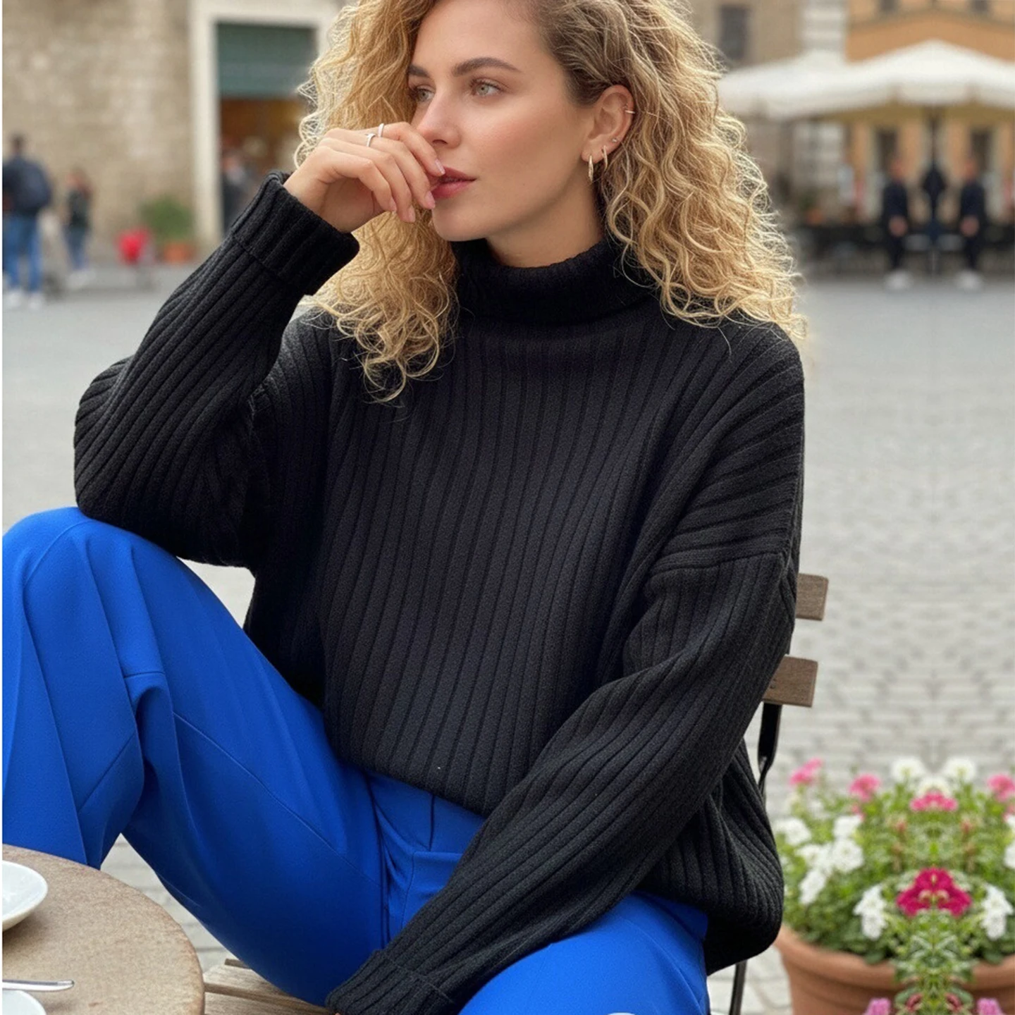 

Повседневный свитер с высоким воротником для женщин, простой свободный крой, осень-зима, вязаный теплый однотонный свитер для девочек Faion