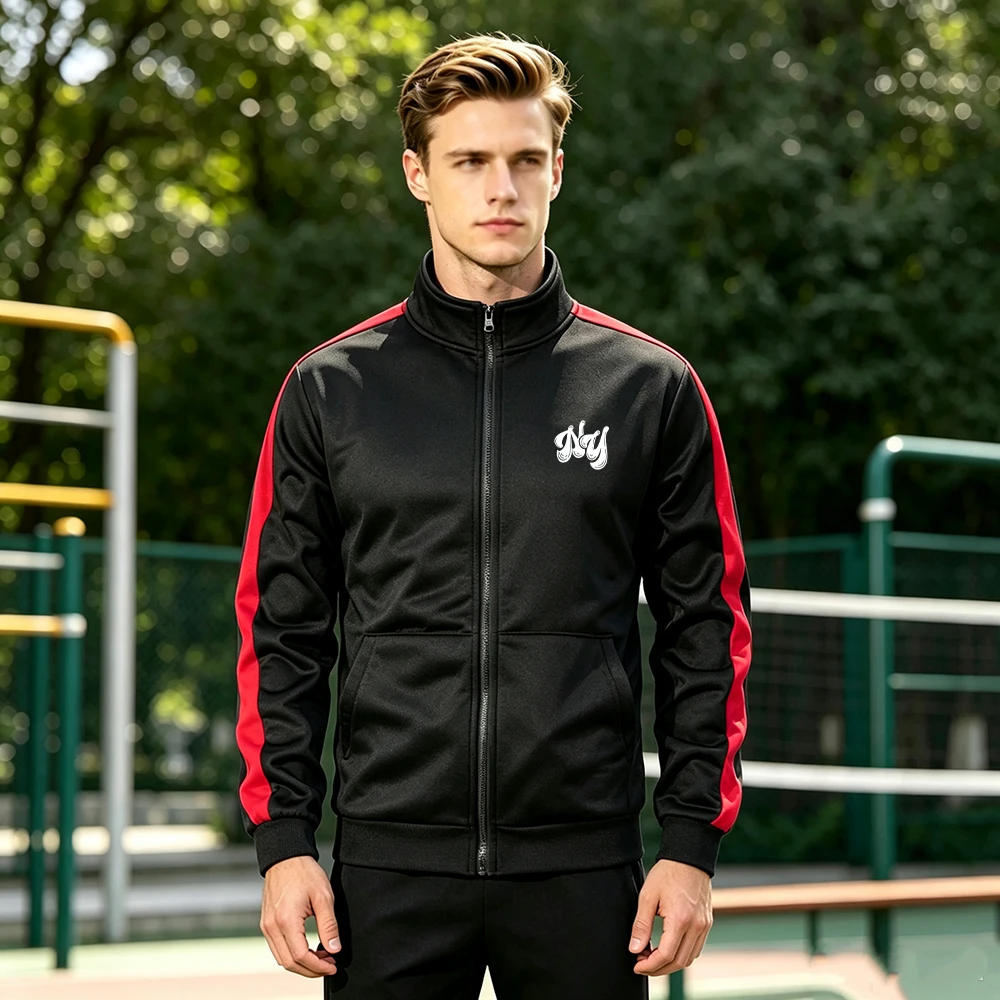 Men Colorblock Patchwork Stand Collar Jacket Simplified Letter Print with Pocket Fall Spring Warm Long Sleeve Zip Up Coat Tops