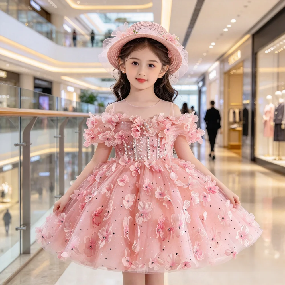 Girls First Birthday Floral Dress FlowerOutfit Pageant Formal Attire Celebration Girl Tutu Gown Children Piano Performance Host