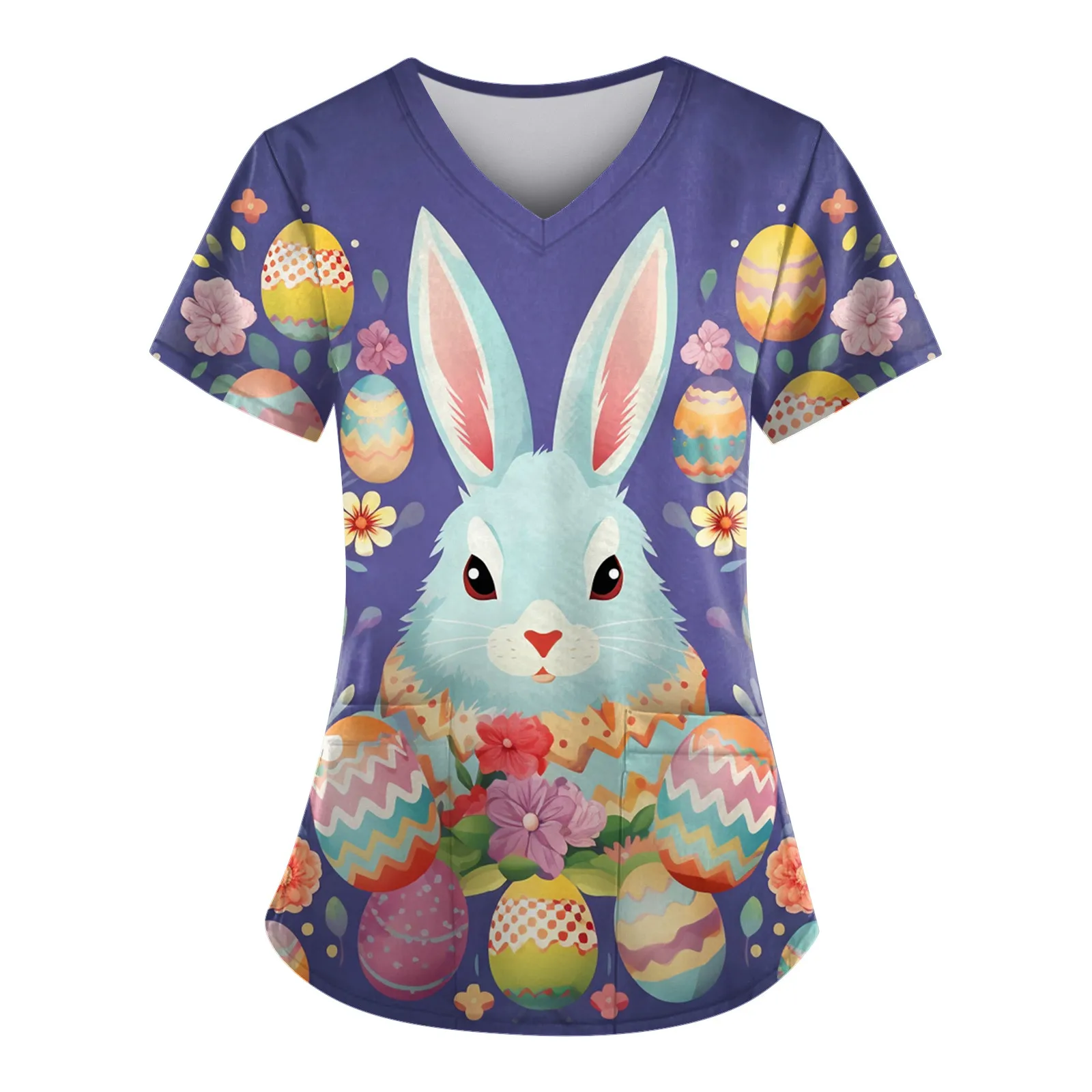 

Easter Eggs Print Scrubs Top For Womens Short Sleeve V Neck Nurse Uniform Blouse With Pockets Easter T-Shirt Nursing Working Top