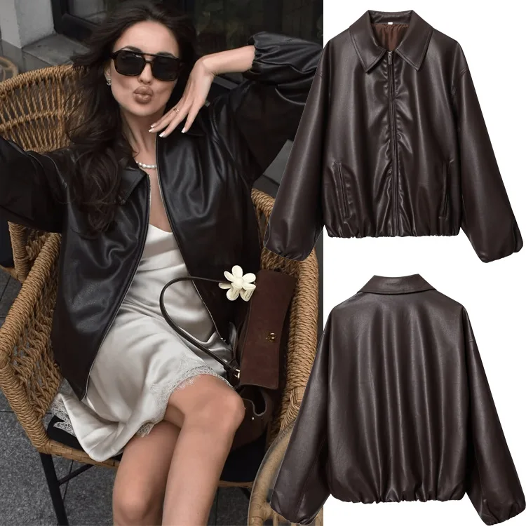 

Women's Faux Leather Bomber Jackets Autumn NEW Long Sleeve PU Motocycle Coats Casual Female Outerwear Chic Tops