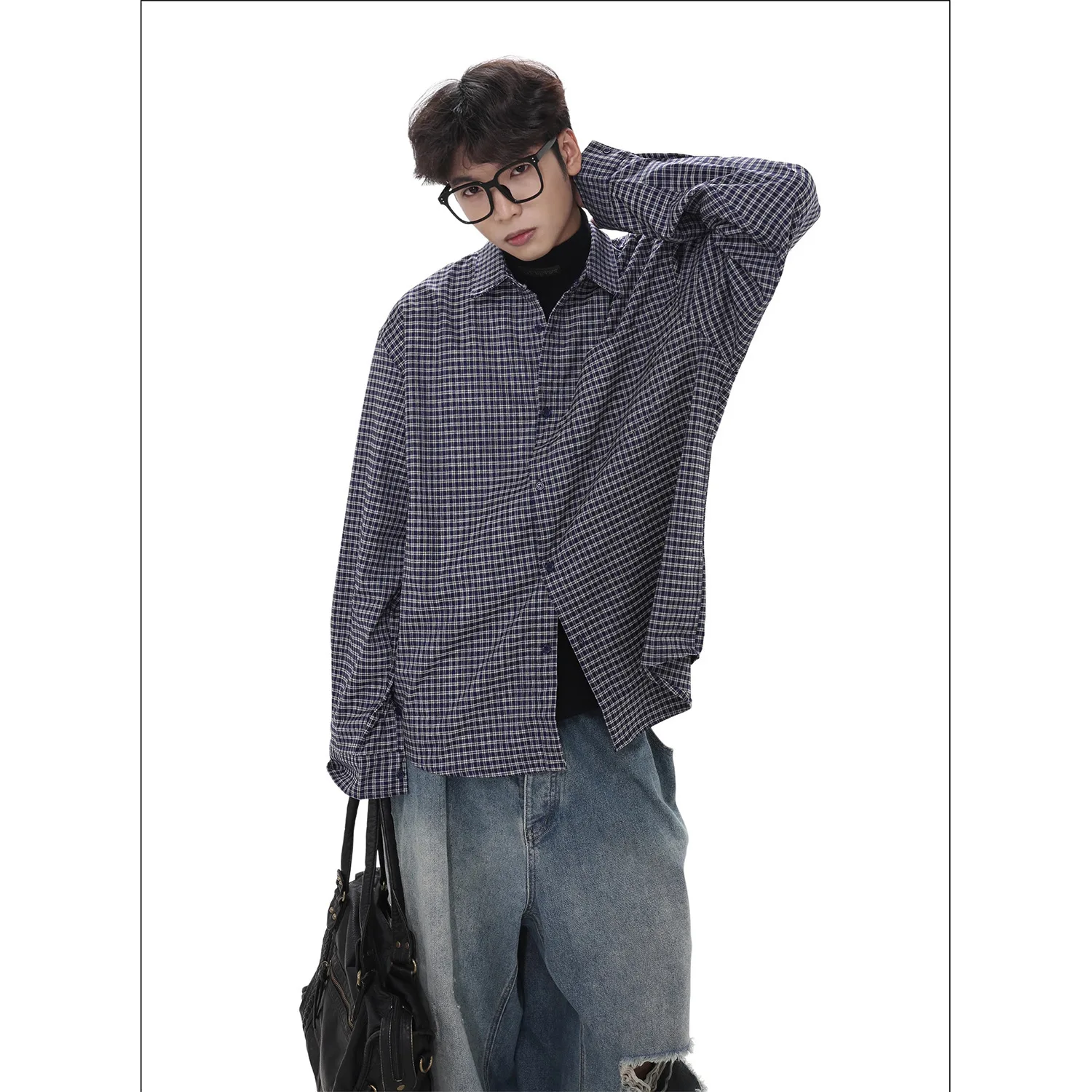 

Американская новая мода, винтажные мужские синие клетчатые повседневные модные простые базовые свободные рубашки с отложным воротником и длинными рукавами, мужская одежда