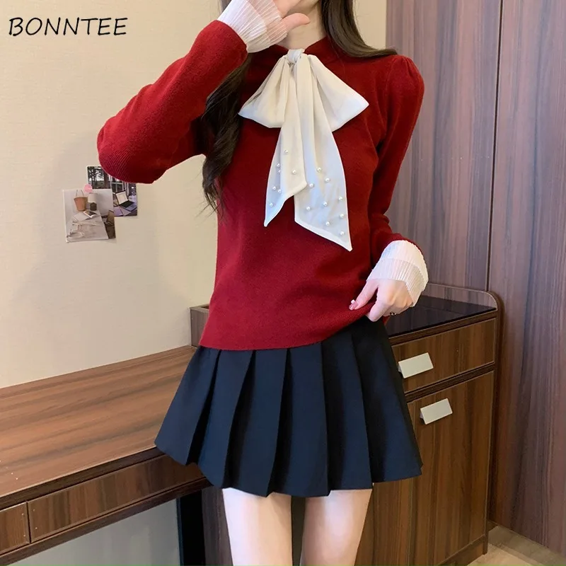 

Pullovers Women Bow Temper French Style Ins Elegant Simple Knitwear Inner All-match Autumn Popular Y2k Slim Fit Harajuku Fashion