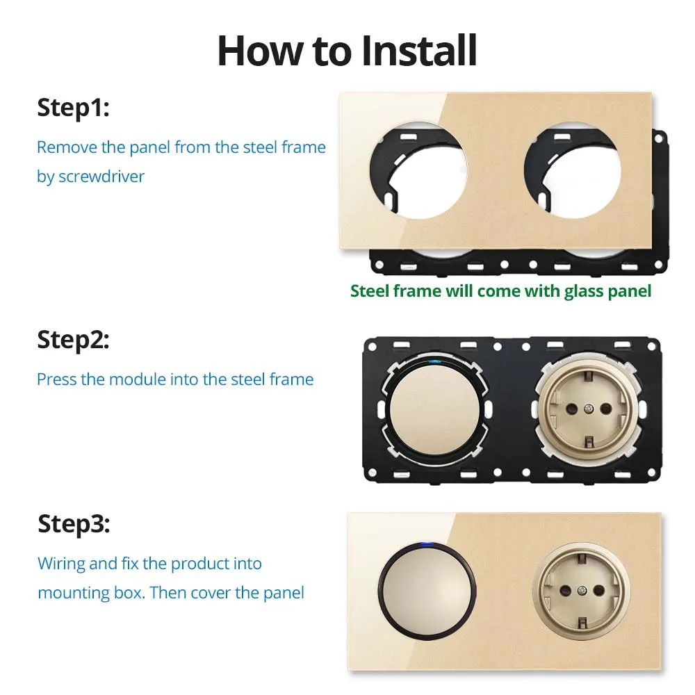 Wallpad DIY Module Gold Glass 1 2 3 4 Gang 1 2 Way Wall Light Switch Blue LED Indicator Function Key Only AC110-220V