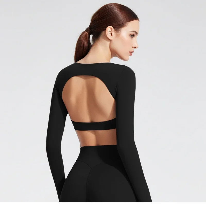 Yoga Shirts Women Seamless Crop Tops with Built in Bra Long Sleeve Open Back Padded Gym Workout Running Tops Fitness Active Wear