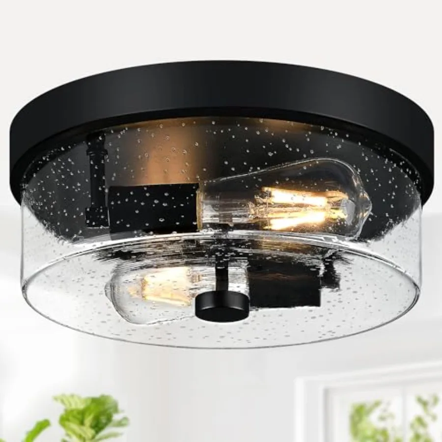 Black Flush Mount Ceiling Light Fixtures, 2-Light Ceiling Mount for Farmhouse with Seeded Glass Lampshade, Industrial Flush Mou