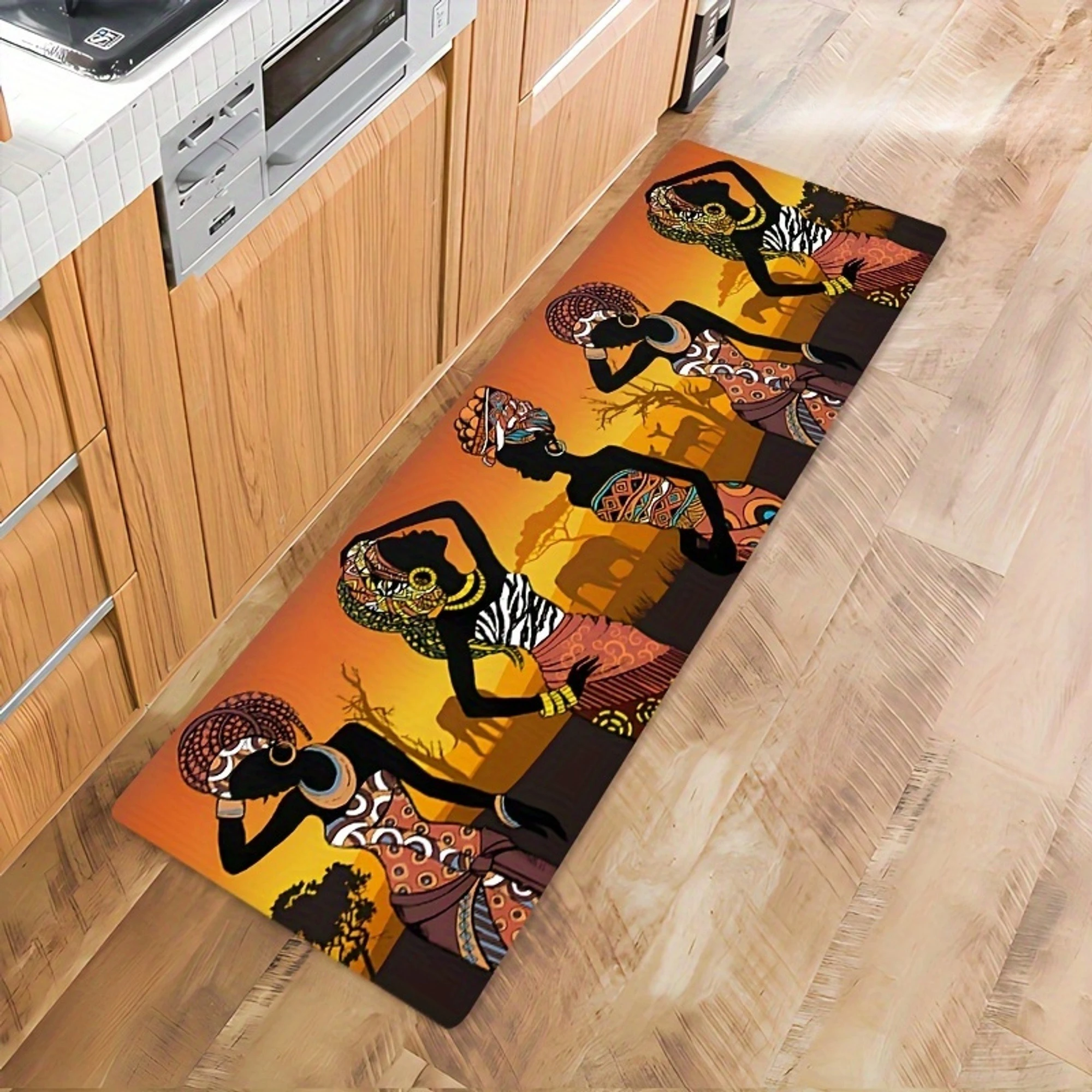 Ethnic African Lady Runner Rug Vintage Savannah Sunset Tribal Figure Silhouette Decorative Art Printed Long Floor Mat ForHome