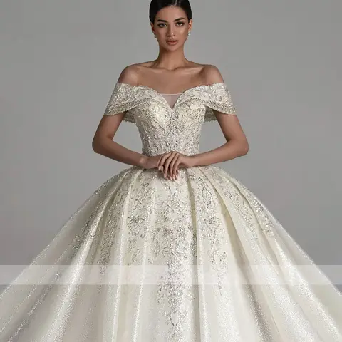 Customized Ball Gown Wedding Dresses For Women Luxury Off Shoulder Sparkling Tulle Crystal Wedding Gown Vestidos De Novia