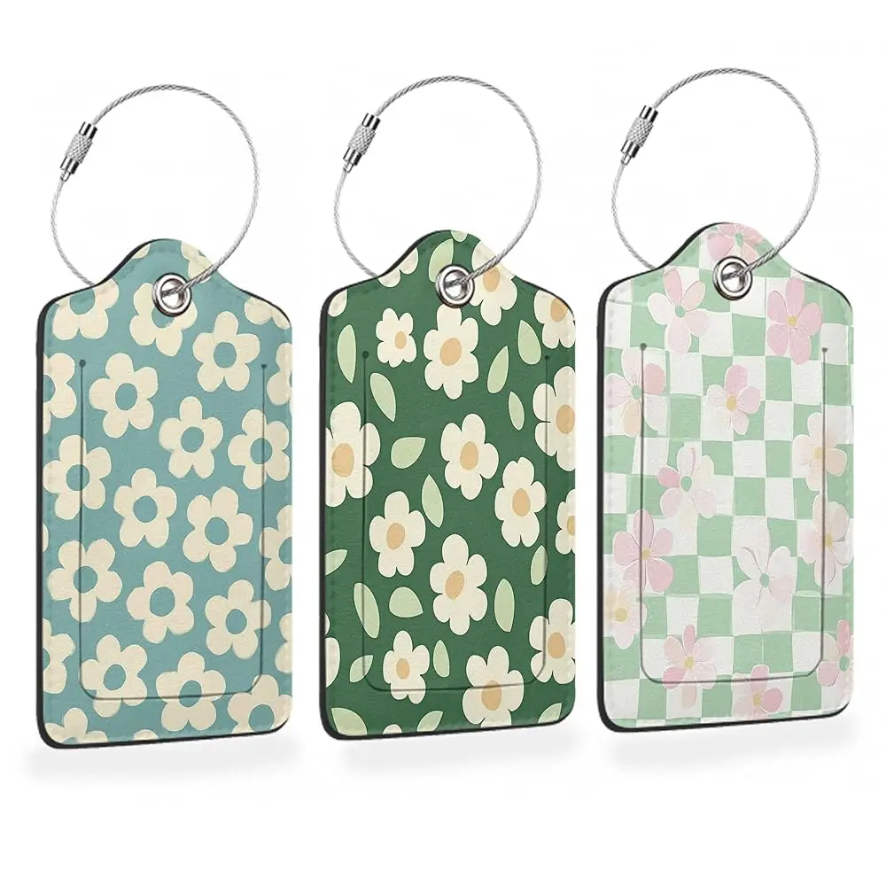 

Vintage Cream Daisy 3 Pack PU Leahter Luggage Tag with Stainless Steel Loop, Pastel Pink Floral Checkerboard Travel Suitcase