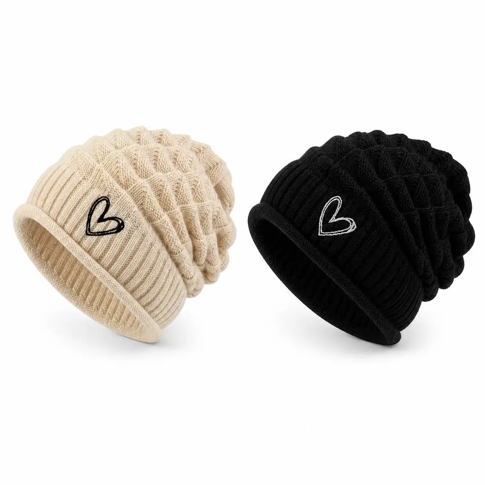 Embroidered Heart Slouchy Knit Beanie Foldover Cuff Soft Stretchy Cuffed Winter Hat Cable Knit Texture Solid Knitted Skull Cap