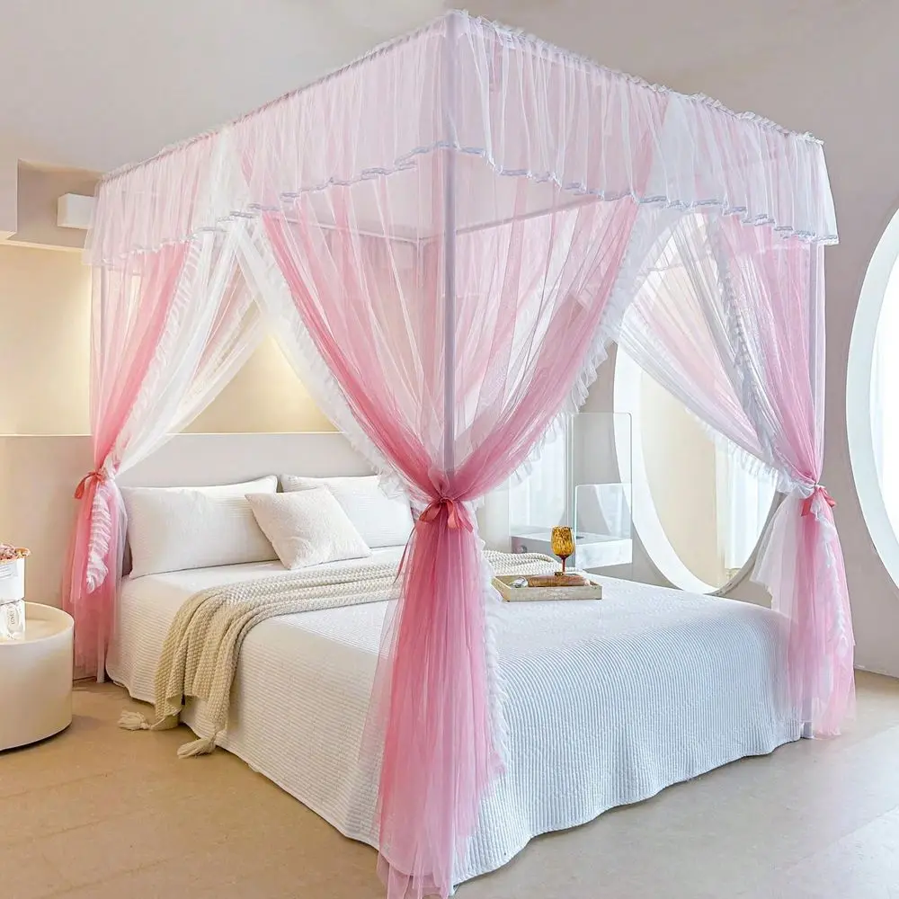 

Corners Post Ruffle Princess Bed Canopy Curtain Double Layer Cozy Drape Netting With 4 Openings Elegant Mosquito Net For Girls