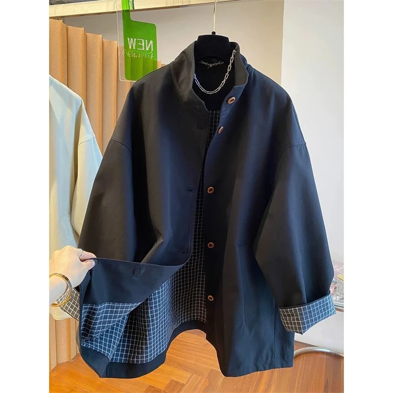 

Spring Autumn New Women's Trench Coat Stand Collar Single Breasted Loose Plaid Lined Mid Length Coats Casual Korean Windbreaker
