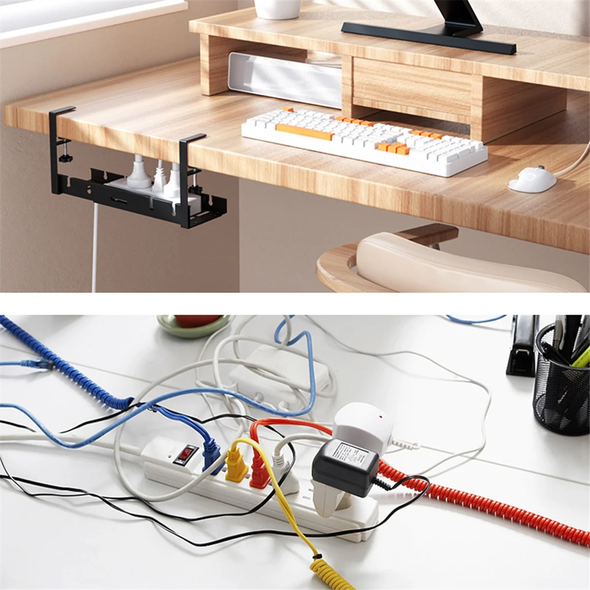 Drill-Free Under Desks Cable Management Tray, Desk Cord Hider Raceway Under Desks Cable Tray Holder, Wire and Cable Rack