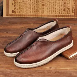 Genuine Leather Vintage Wing Chun Kungfu Shoes Chinese Traditional Shoes Wushu Tai Chi Old Peking Casual Flat Shoes Loafers