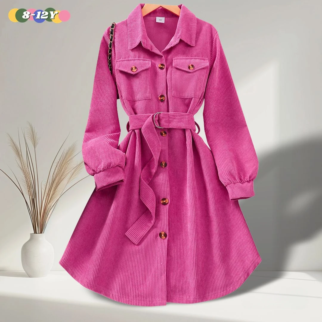

2024 Teen Girls Dress Long Sleeve Rose Spring Autumn Single Breasted Children Dress Casual Soft Ventilate Girls Clothing 8-12Y
