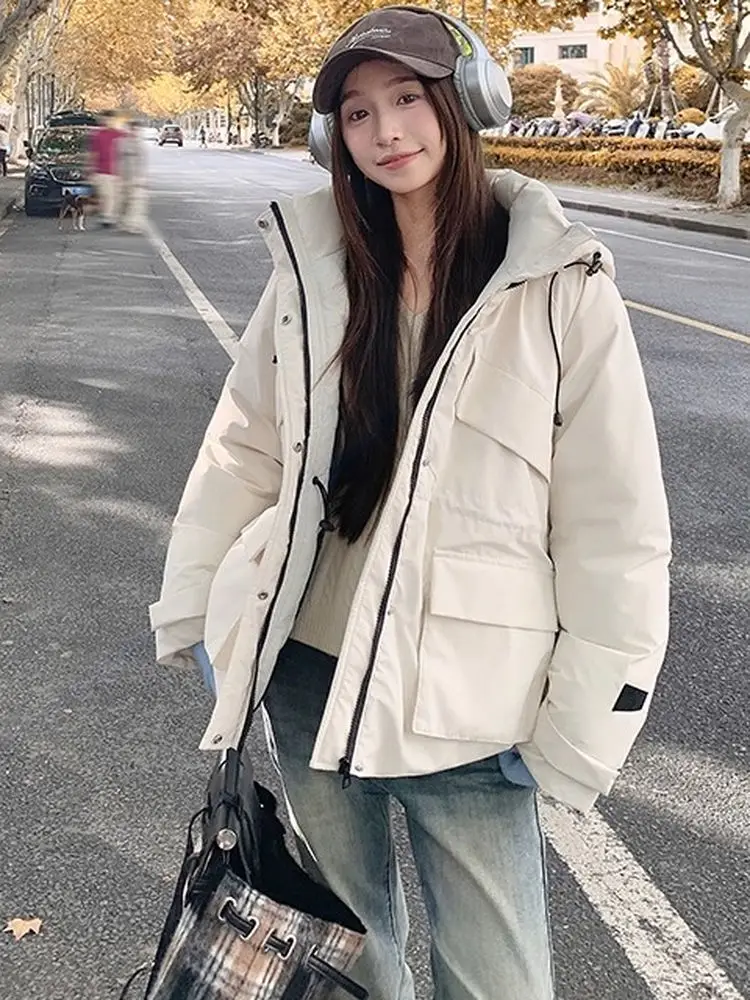 Casual Thickened Cotton Jacket Workwear Polyester Fiber Fill Hooded Short Style Zipper Closure  Color Autumn Winter Coat