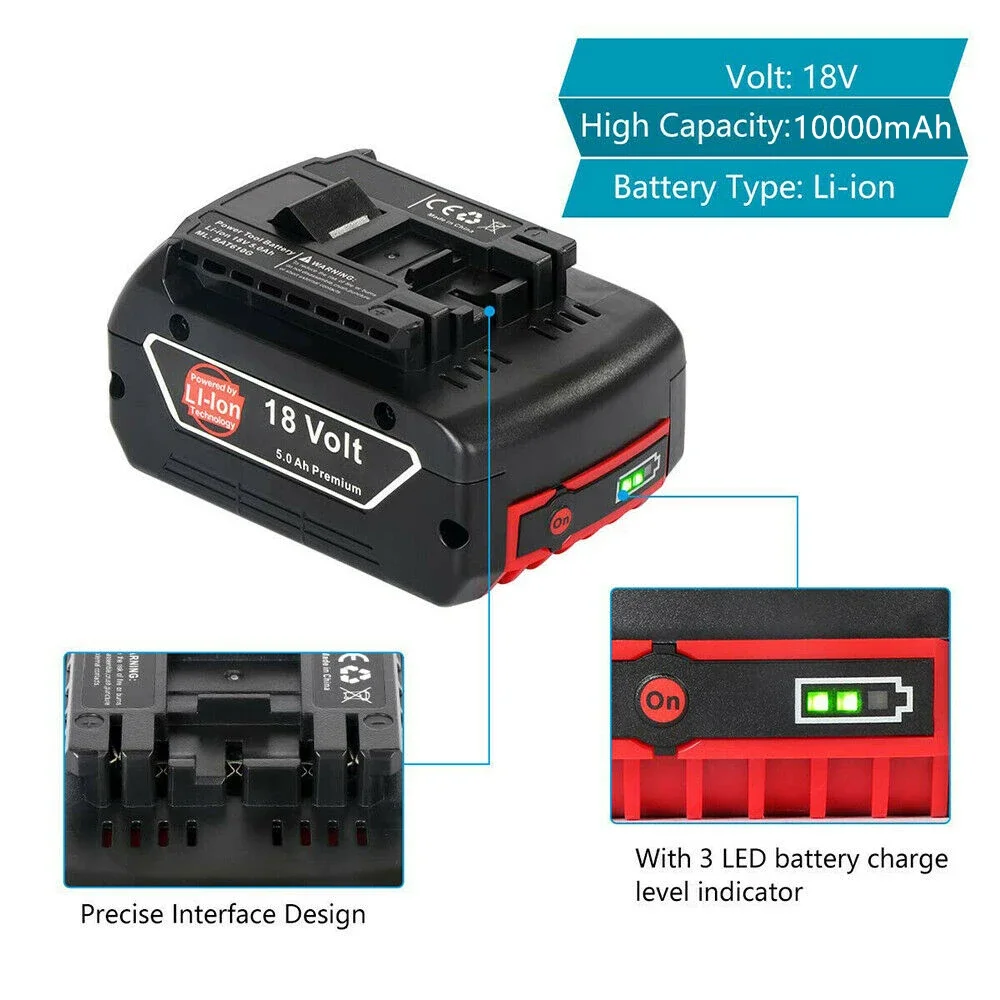 

NEW 18V 10A Rechargeable Li-ion Battery for Bosch 18V Power Tool Backup 6000mah Portable Replacement BAT609 Indicator Light