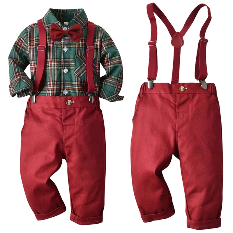 Children\'s Bow Turn Down Collar Plaid Long Sleeves T Shirt and Overalls Set Boys Party Performace Clothing