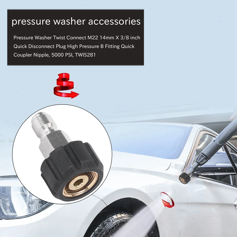 Pressure Washer Twist Connect M22 14Mm X 3/8 Inch Quick Disconnect Plug High Pressure B Fitting Quick Coupler Nipple, 5000 PSI,