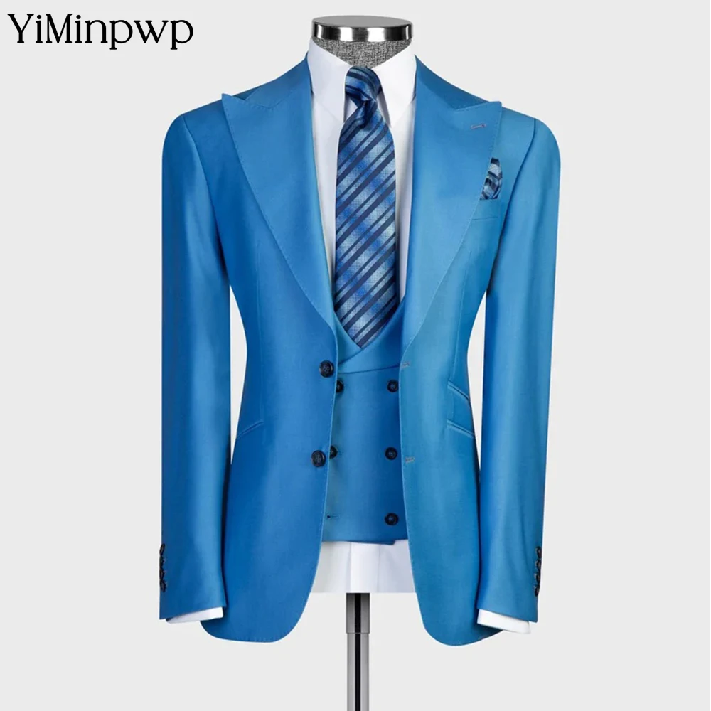 

Blue Business Men's Suit jacket Top lapel Luxury Groomsman Men's Slim Fit Jacket Single Button Tuxedos 3 Piece Set Tuxedos