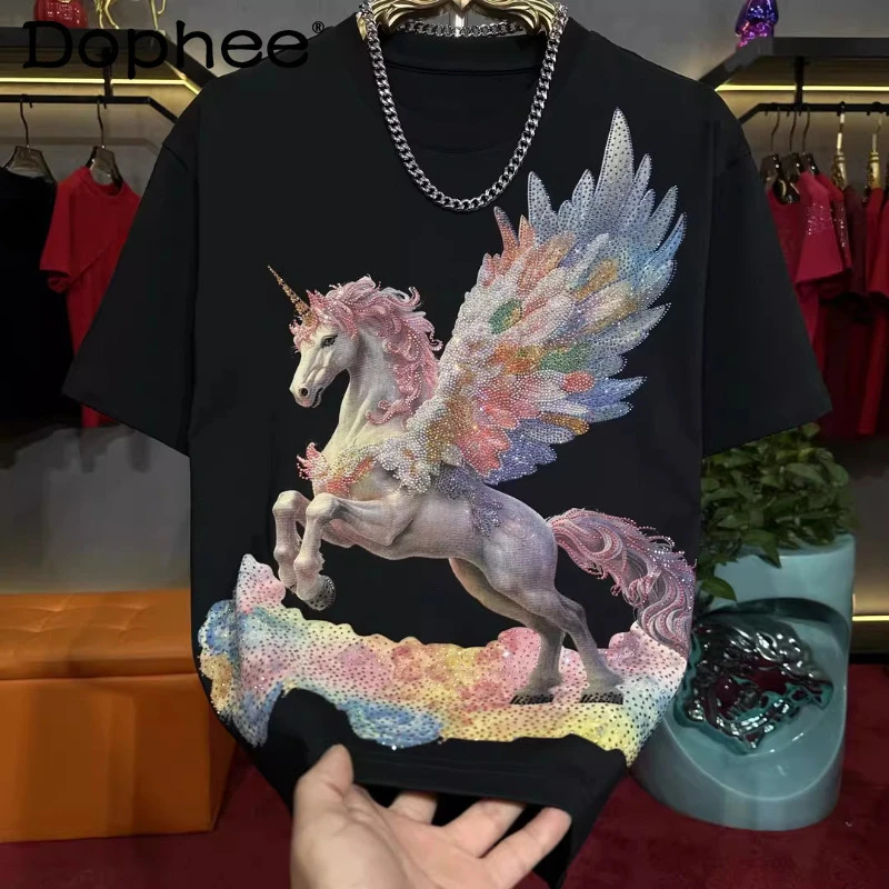 

2026 Spring Summer New Rhinestone Tees Men's High-End Short-Sleeve Tops Men's Round-Neck Versatile Trendy Delicate Chic T-Shirts