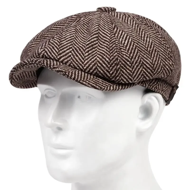 Men Casual Newsboy Hat Autumn Winter Diamond Check Retro Coarse Herringbone Grid Beret Hat Octagonal Cap Hip Hop Berets