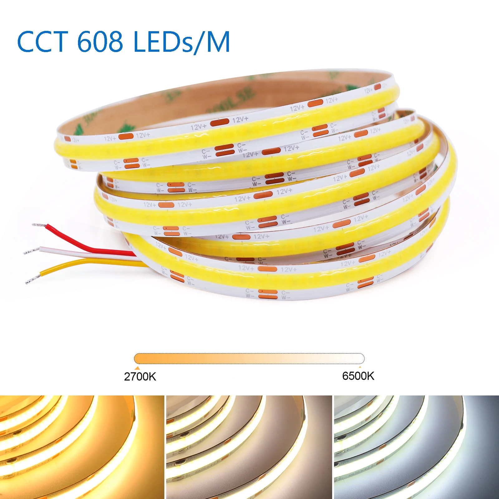 

DC12V 24V 5M COB CCT LED Strip Lights 608 LEDs/m High Density Flexible Dimmable Led Tape 2700K to 6500K Changeable Home Lighting