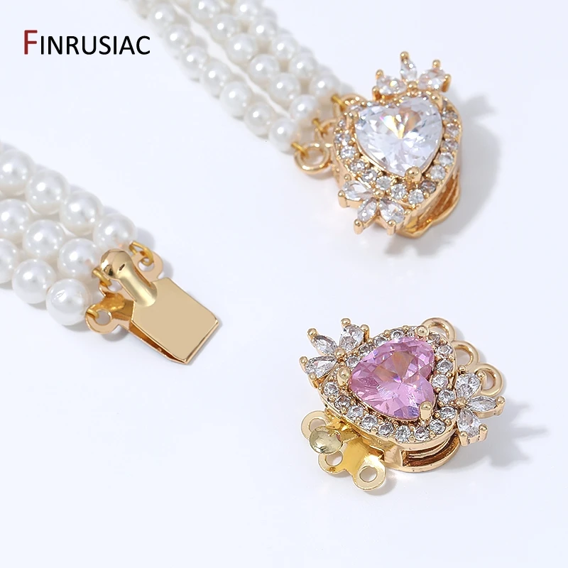 18K Gold Plated Brass Luxury Crown Heart Insert Clasps,Zircon Multi-strand Box Lock for DIY Pearl Jewelry Making Accessories