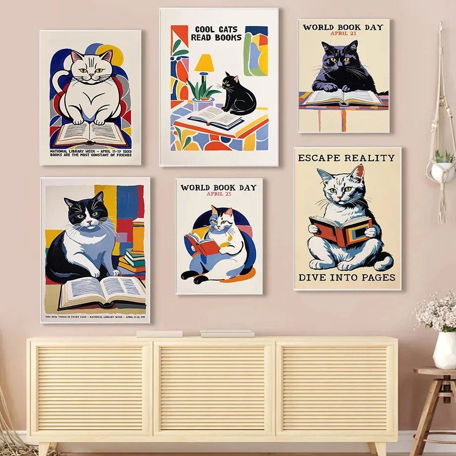 Peinture sur toile, chat noir intéressant lisant des livres, affiche d'art abstrait, images murales, décoration murale pour bibliothèque, café, maison