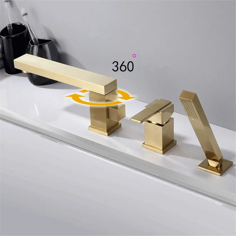 Tuqiu Brushed Gold Bathtub Faucet Widespread Tub Sink Mixer Tap black Brass Bathroom Bath Shower Faucet with Hand shower Head