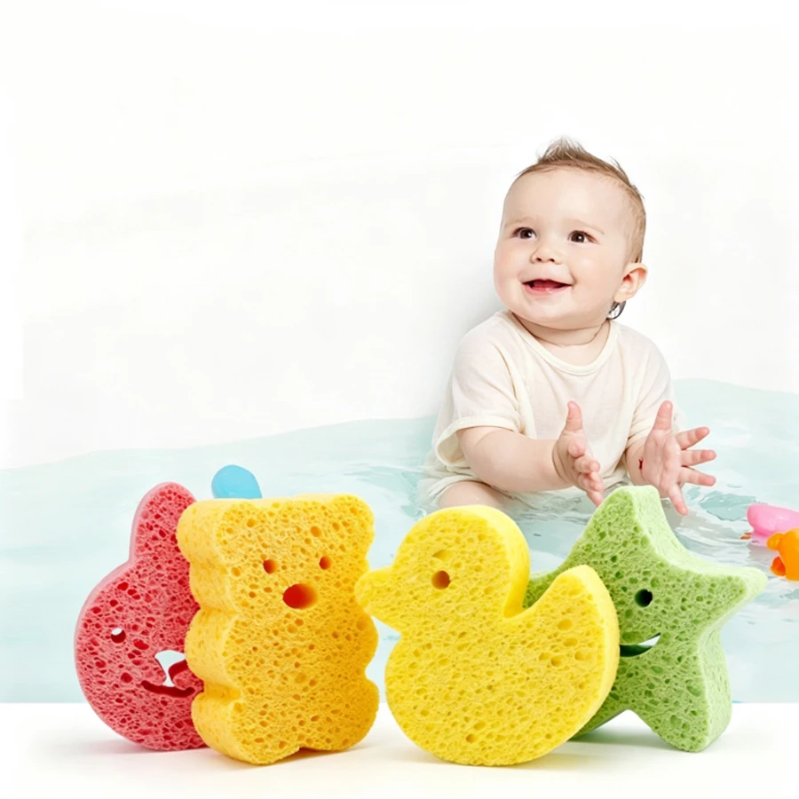 Baby Wood Pulp Cotton Bath Sponge for Face and Body Wash Cartoon Alien Design Natural Wood Pulp Sponge