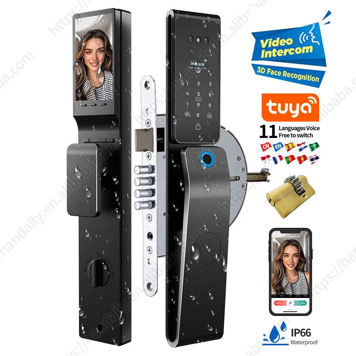 Waterproof Tuya 3D Face Recognition Digital Lock for Home Biometric Fingerprint Smart Door Lock Lock Body Intercom