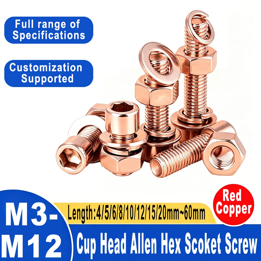 M3/4/5/6/8/10/12Length 4-60mm Copper Cup Head Allen Hex Scoket Screw Bolt Spring Washer Nut Set Electric Conduction