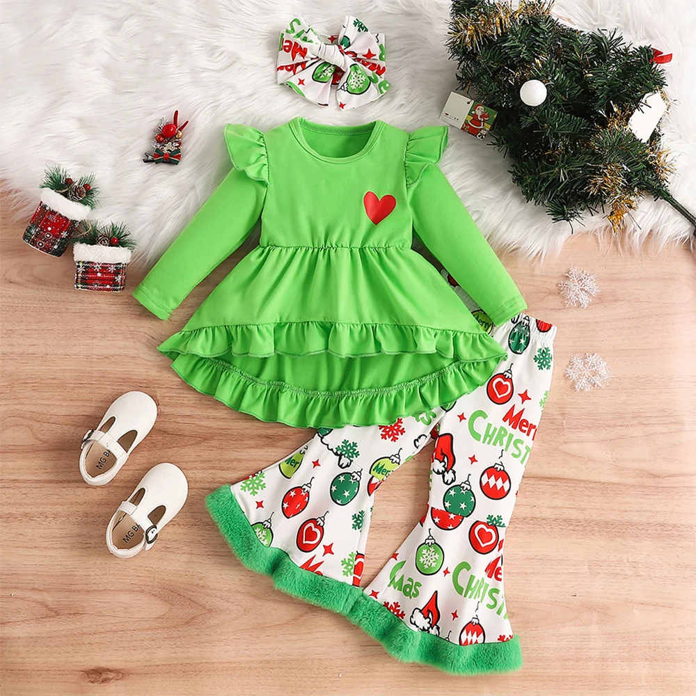 

Green 2PCS Pants Set for Baby Girl Christmas Party Flare Fur Trousers Full Printing Xmas Children Pullover Clothing 1-6Y Casual