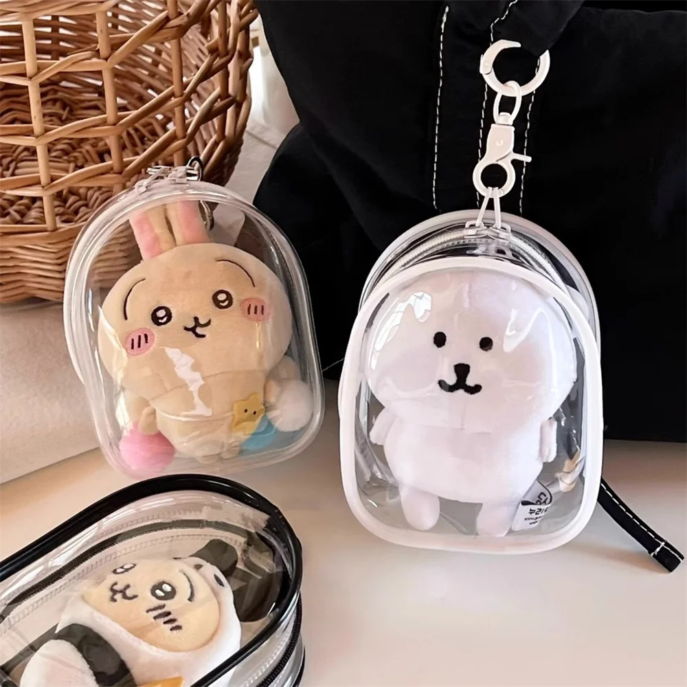 

12cm PVC Transparent Storage Bag with Keychain Multicolor Cartoon Doll Display Box Dustproof Case Earphones Gift Organizer Bags