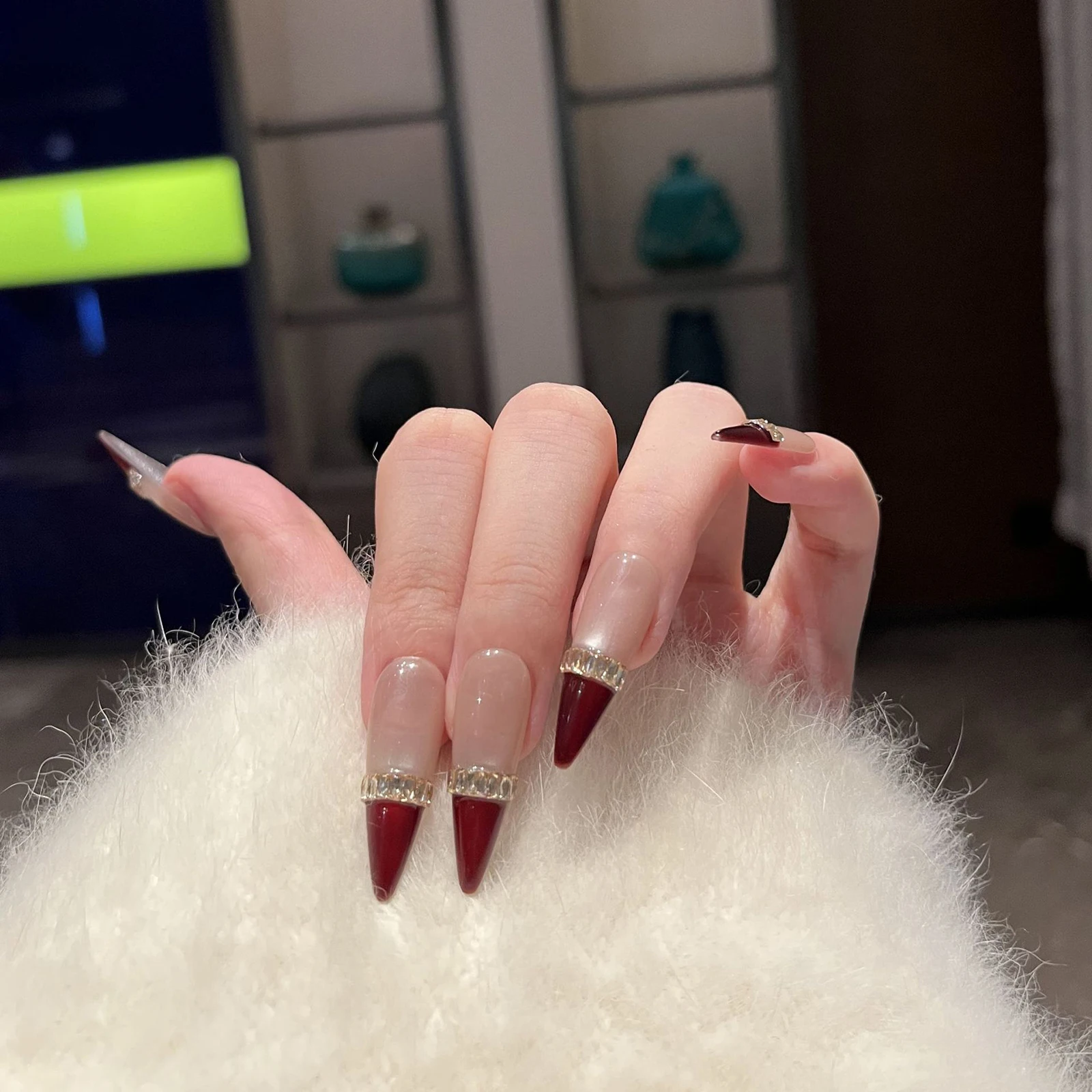 10pcs Champagne French Nails with Glass Beads Cat Eye Rhinestones Handmade Fake Nails for Wedding Party Formal Events