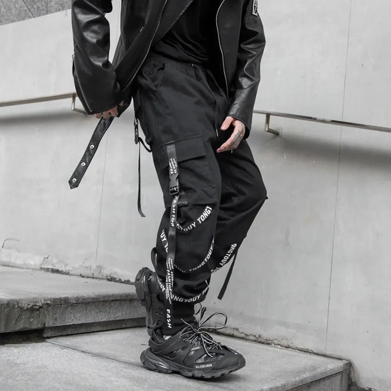 HOUZHOU Techwear Cargo Pants Men Joggers Black Cargo Trousers for Men Jogging Japanese Streetwear Hip Hop Hippie Gothic Ribbon