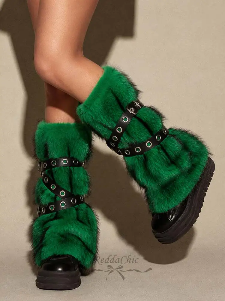 REDDACHiC Faux Fur Women Y2k Leg Warmers Rave Grunge Fuzzy Ombre Warm Eyelets Belt Boot Covers Punk Retro Music Festival Outfits