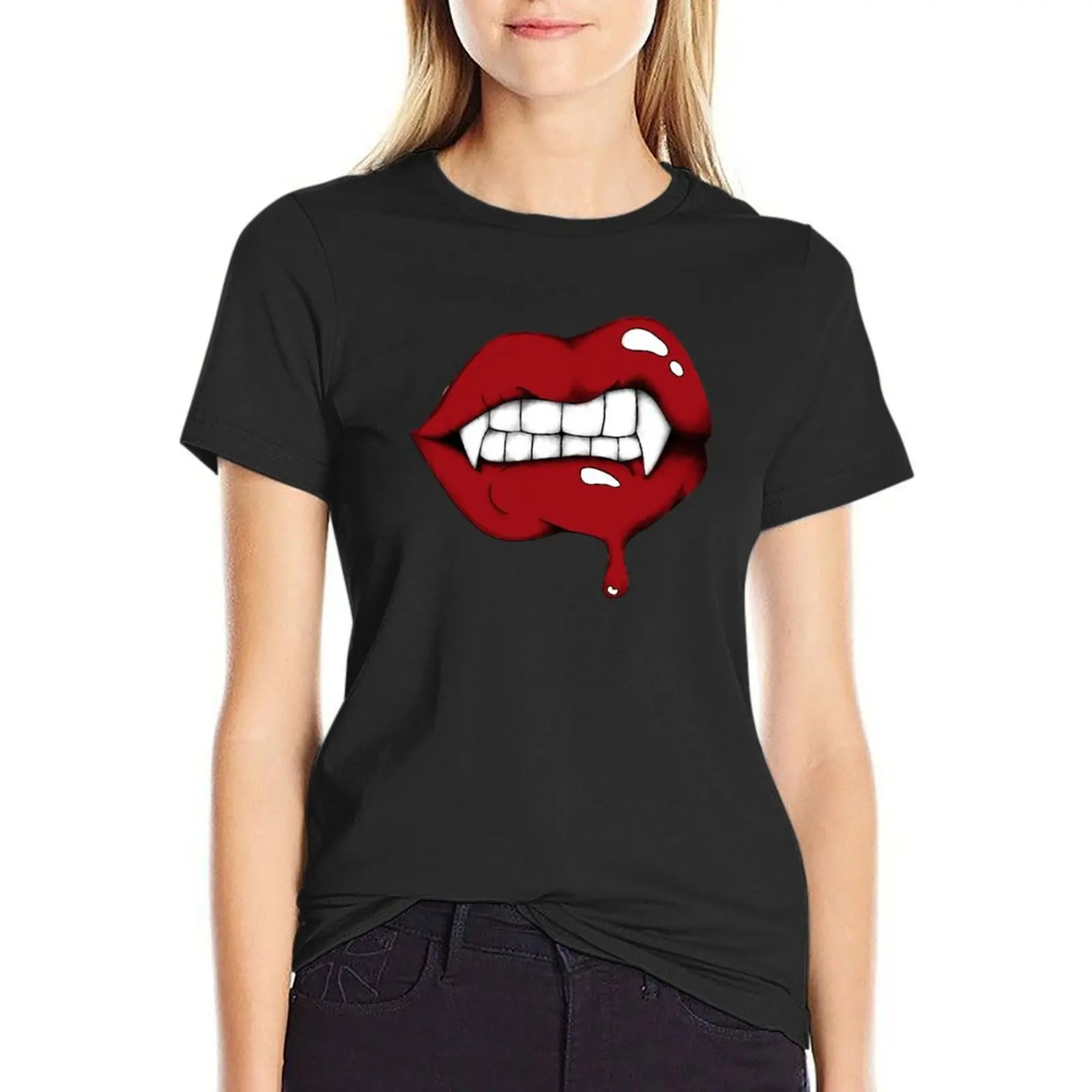 Digital Art Vampire Lips sticker T-Shirt shirts graphic tees summer top Short sleeve tee sports fans plain t shirts for Women