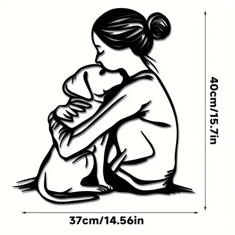 1pc Art Deco Metal Wall Sculpture Woman Embracing Dog Line Art   - Ideal Christmas and Birthday Gift for Dog Lovers