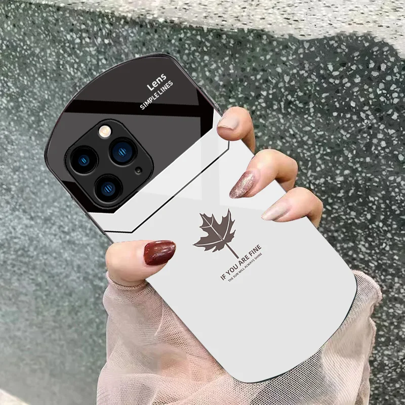 Far Peak Blue Maple Leaf For Iphone 11 12 13 14 15 Pro Max Plus Mini 7 8 Se 2020 X Xs Xr Elliptical Tempered Glass Phone Case