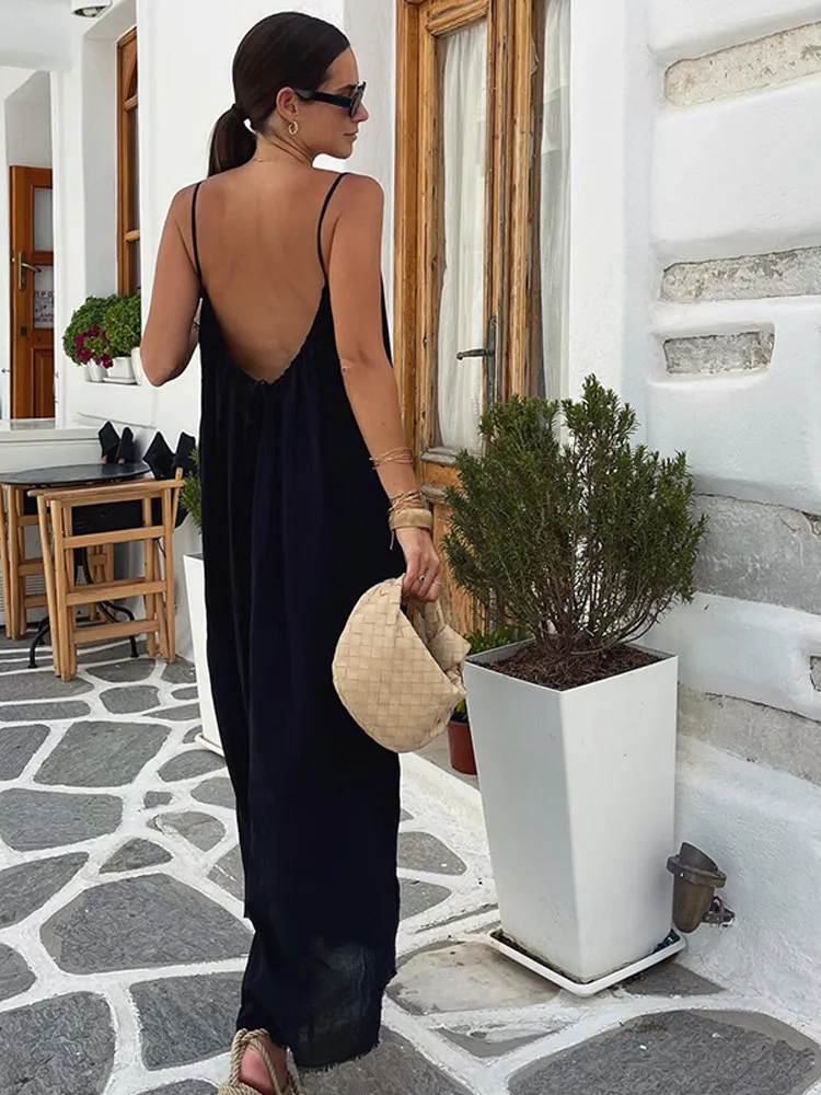 Sexy Backless Spaghetti Strap Dress Women Off Shoulder Sleeveless Loose Long Dresses Summer Lady New Beach Vacation Robe