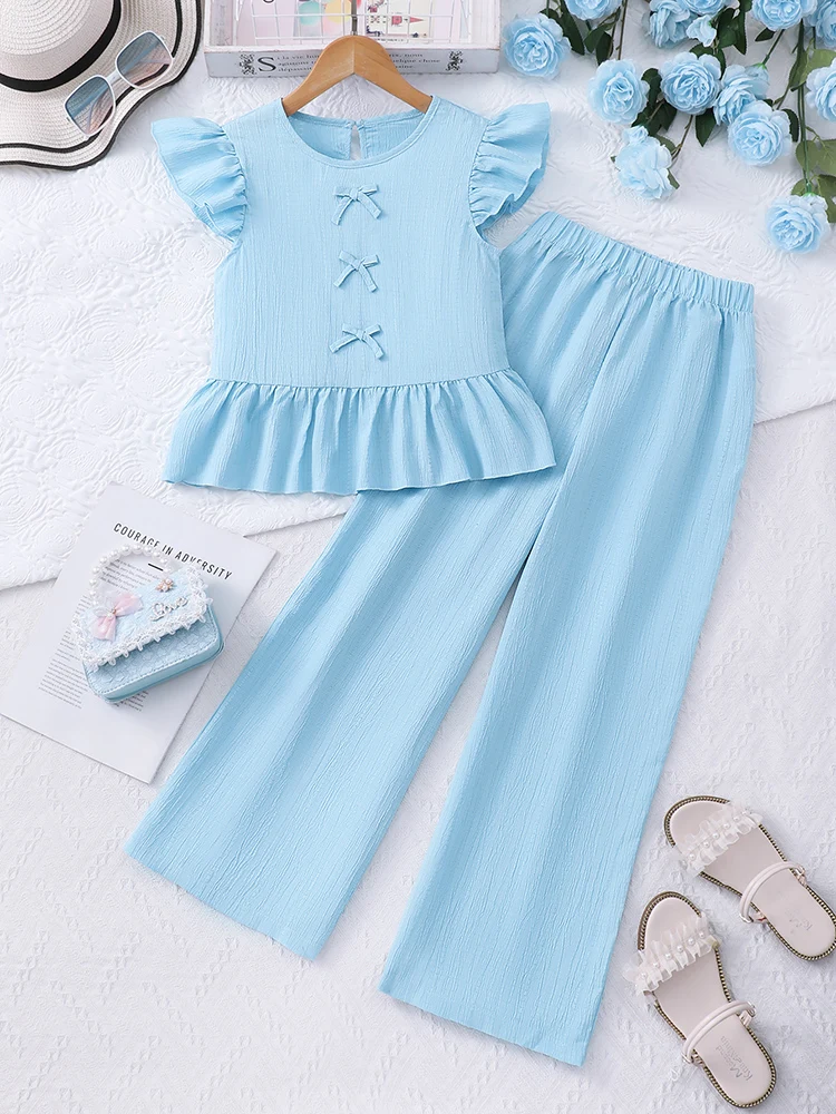 Zweiteiliges Set für Damen im Frühling und Sommer, mittelgroßes Kind, Rundhalsausschnitt, einfarbig, Blütenblattärmel, Schleife, Rüschenoberteil und einfarbige Hose