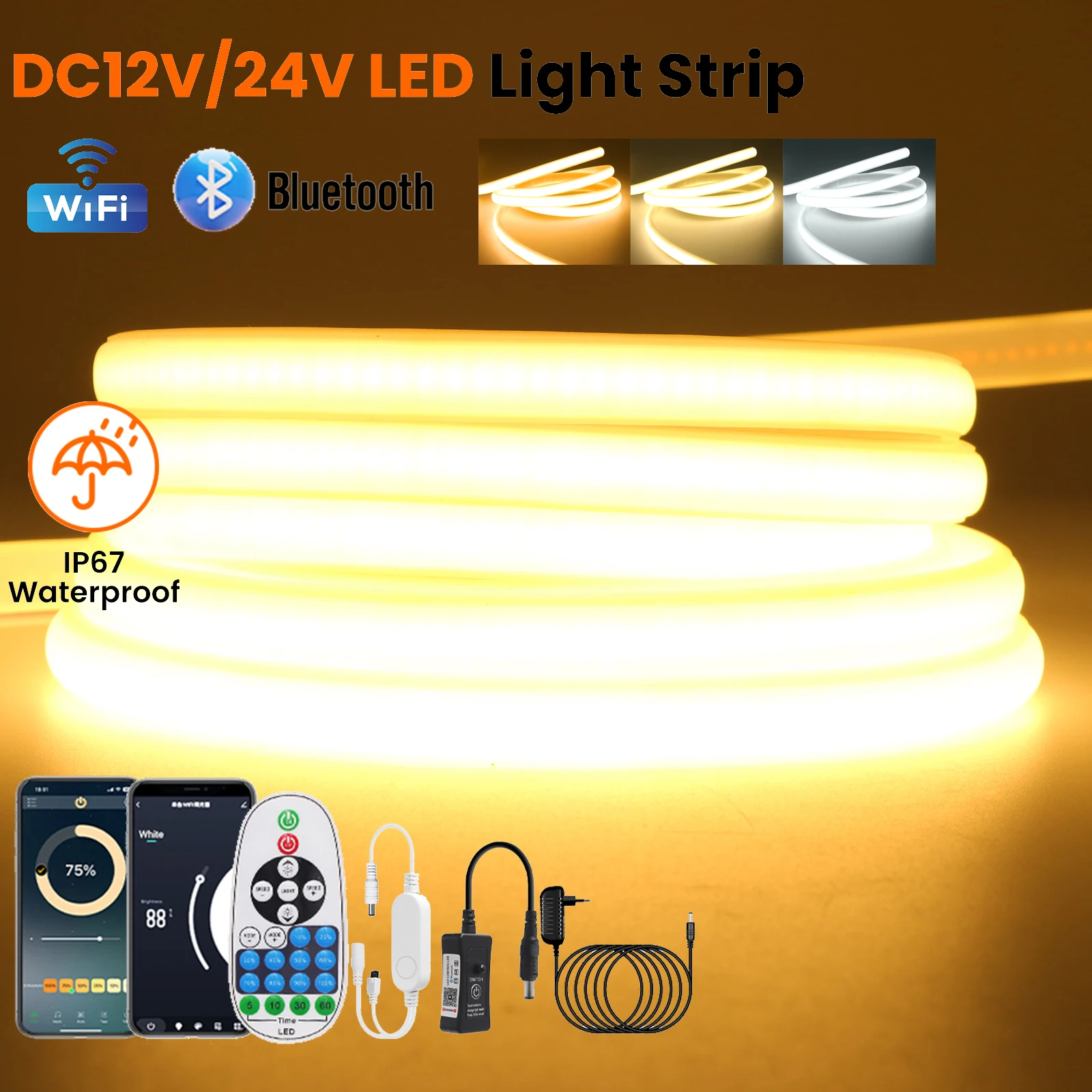 

Светодиодная лента Tuya WiFi COB 12 В 24 В Гибкая светодиодная неоновая лента с Bluetooth/вилка IP67 Водонепроницаемая плотность линейного света Клей